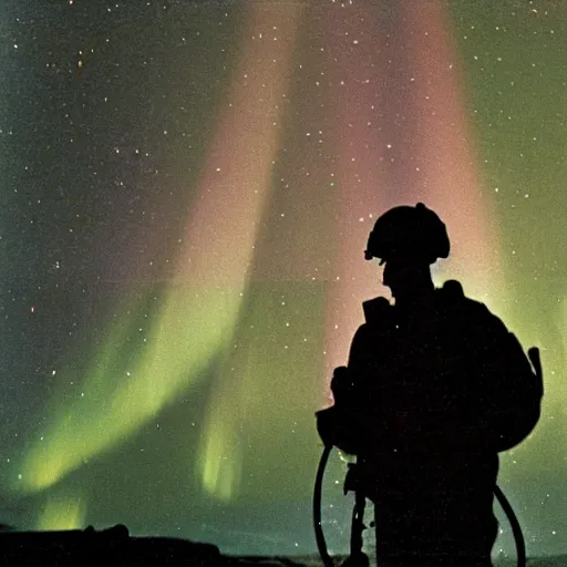 Image similar to a high quality color extreme closeup film 3 5 mm depth of field photograph of a us soldier's face as he frantically iss pouring a can of gasoline along the perimeter of homes in mcmurdoch station in antarctica in 1 9 8 2 with the aurora borealis in the sky at night