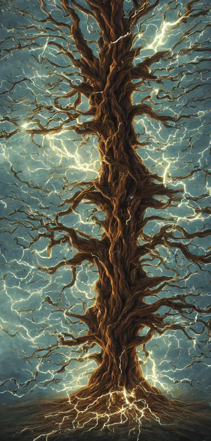 Image similar to detailed painting of the tree of life emitting lightning, tree full of life, realism, idealised, epic tree, deviant art, trending on artstation, cgsociety