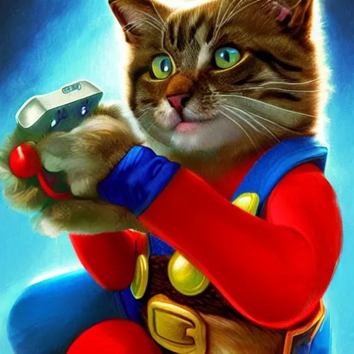 Image similar to Portrait of a Cat as Super Mario, Nintendo, super mario bros poster, highly detailed, digital painting, artstation, concept art, smooth, sharp focus, illustration, art by artgerm and greg rutkowski and alphonse mucha