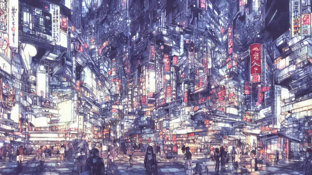 Prompt: futuristic japanese city illustration by star wars yoshitaka amano,