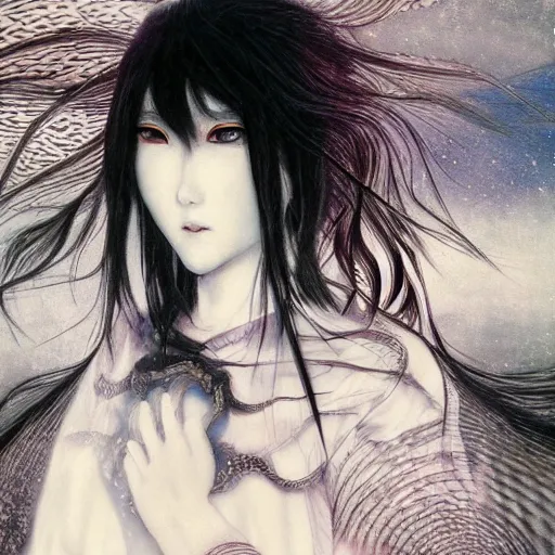 Prompt: yoshitaka amano blurred and dreamy realistic illustration of a japanese woman with black eyes, black lipstick, long wavy white hair fluttering in the wind wearing elden ring armor with engraving, abstract patterns in the background, satoshi kon anime, noisy film grain effect, highly detailed, renaissance oil painting, weird portrait angle, blurred lost edges, three quarter view