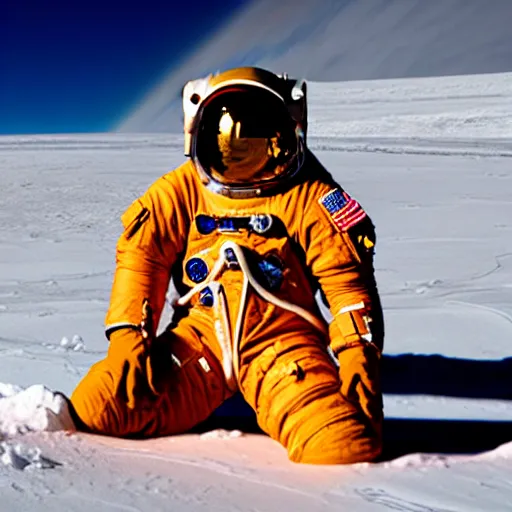 Prompt: astronaut in orange polar exploration suit crouching down in the snow behind a small plant