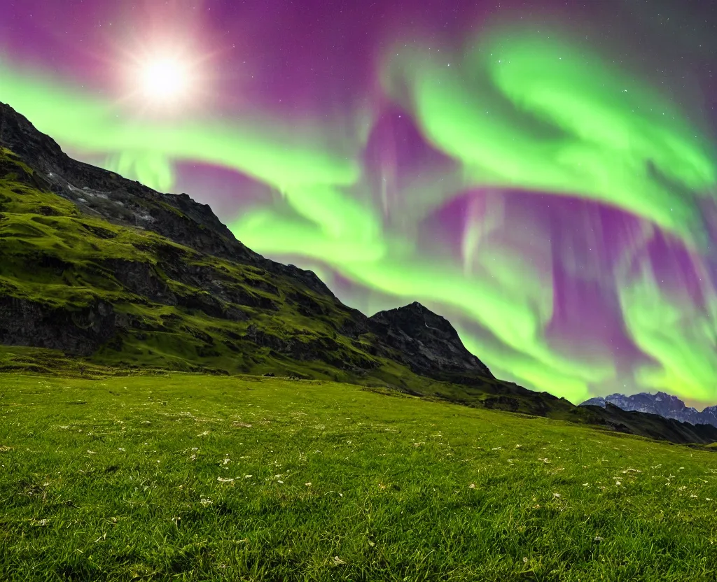 Prompt: Switzerland during beautiful green grass spring with northern lights in the sky