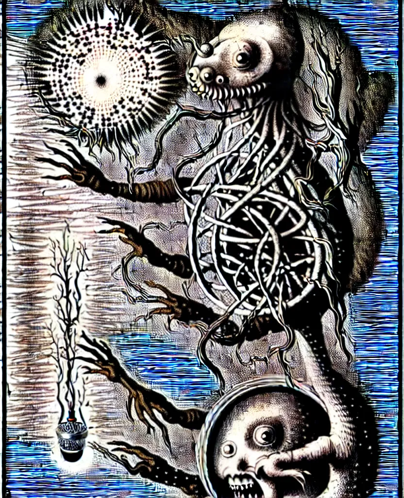 Image similar to whimsical freaky creature sings a unique canto about'as above so below'being ignited by the spirit of haeckel and robert fludd, breakthrough is iminent, glory be to the magic within