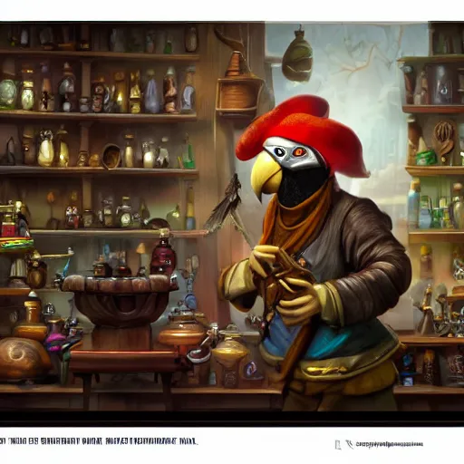 Image similar to Anthropomorphized parrot trader in his shop, medium shot, full body, items, weapons, magic potions, trinkets, carpet, lamps, window, fancy hat, sly expression, cunning expression, cute expression, long thick shiny black beak, D&D, fantasy, cinematic lighting, highly detailed, digital painting, artstation, concept art, smooth, sharp focus, illustration, warm light, cozy warm tint, magic the gathering artwork, volumetric lighting, 8k, art by Greg Rutkowski