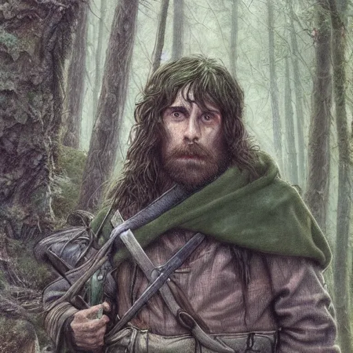 Image similar to a handsome young rugged hobbit ranger and a dark green hood and cloak in the forest, adventure gear, realistic, detailed, masterpiece, short brown hair, clean shaven, by John Howe and Alan Lee, trending on ArtStation