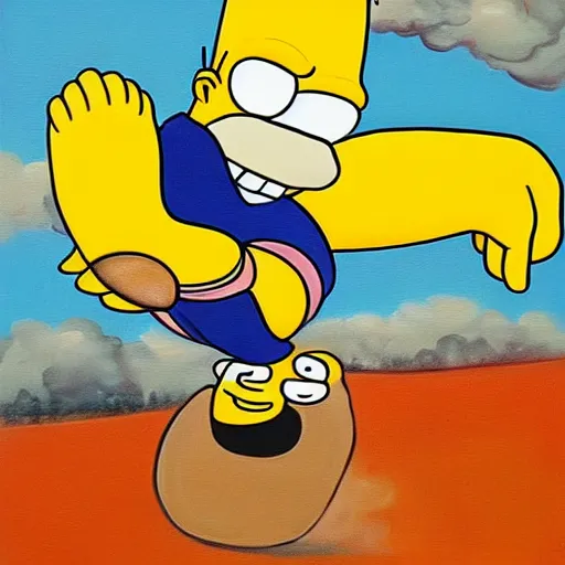 Image similar to a painting in the style of my dark beautiful twisted fantasy about homer simpson breakdancing, high quality