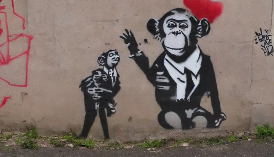 Prompt: Graffiti by Banksy of a monkey in a suit