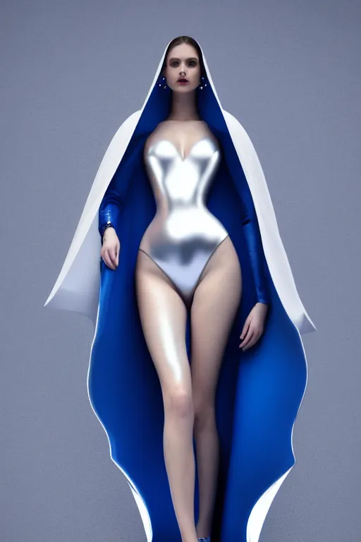 Prompt: photoshot detailed beautiful noun in opened white gold blue coat, seductive confident pose, attractive feminine curves, intricate details, futuristic, alien, elegant cape, elegant, photorealism, trending on artstation, sharp, holy halo, advanced technology, art by moebius and vitaly bulgarov and chanthara