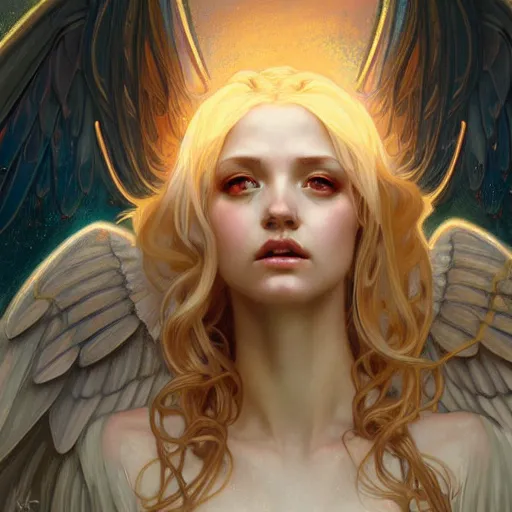 Image similar to Winged girl angel covered in eyes with blonde hair and glowing halo, iridescent, seraphim, fantasy, intricate, elegant, highly detailed, digital painting, artstation, concept art, smooth, sharp focus, illustration, art by Krenz Cushart and Artem Demura and alphonse mucha