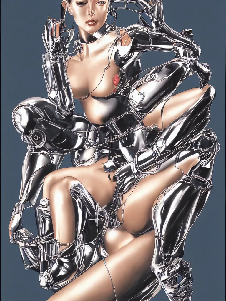 Image similar to a Royal portrait of chrome android woman as illustrated by Hajime Sorayama. 1991