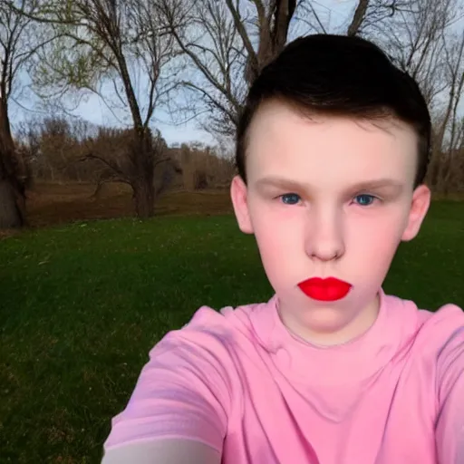 Prompt: 1 0 year old boy with big red lips, pink face, thin eyebrows, puffy cheeks, low quality, selfie