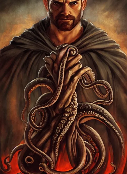 Prompt: modern movie poster with an adult strong ancient greek man with magic lovecraftian tentacles in the background, dungeons and dragons artwork, award winning art, cinematic light, dynamic composition, concept art, epic design, highly detailed, dramatic lighting, digital painting, masterpiece, realistic anatomy, by leonardo da vinci, raphael, artgerm, greg rutkowski, vibrant colors