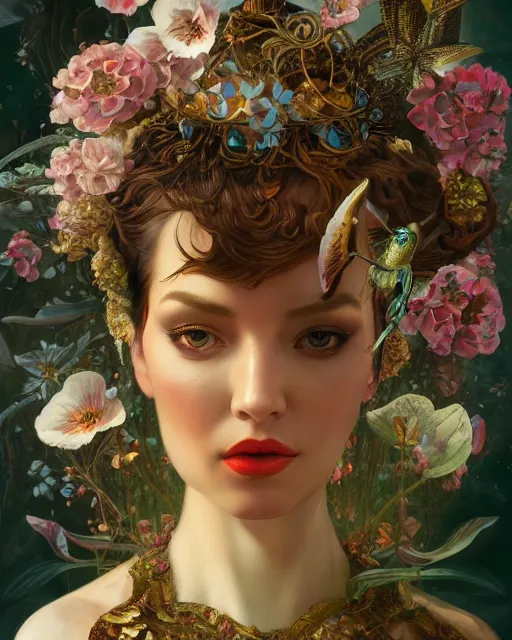 Image similar to portrait of the eurasian queen of the underworld, surrounded by flowers by karol bak, james jean, tom bagshaw, rococo, sharp focus, trending on artstation, cinematic lighting, hyper realism, octane render, 8 k, hyper detailed.