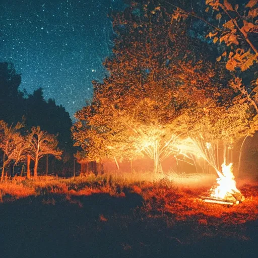 Prompt: a photo of a nighttime scene with a fire illuminating the trees