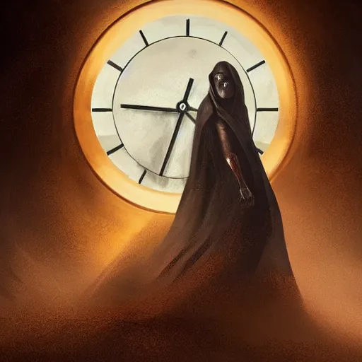 Image similar to menacing grim reaper portrait, showing a sand clock running out of time, mysterious atmospheric lighting, painted, intricate, volumetric lighting, beautiful, rich deep colours masterpiece, golden hour, sharp focus, ultra detailed, by leesha hannigan, ross tran, thierry doizon, kai carpenter, ignacio fernandez rios