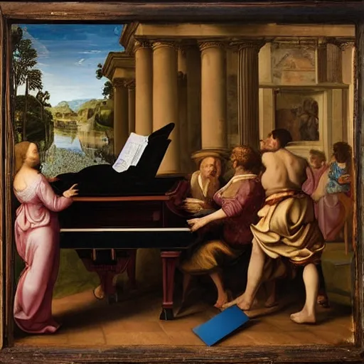 Image similar to a renaissance painting of a man playing piano with playing cards floating in the air