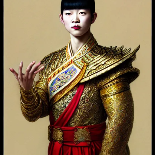 Image similar to pretty korean male dressed as king ramkhamhaeng of sukhothai, intricate, highly detailed, centered, digital painting, artstation, concept art, smooth, sharp focus, illustration, artgerm, tomasz alen kopera, peter mohrbacher, donato giancola, joseph christian leyendecker, wlop, boris vallejo