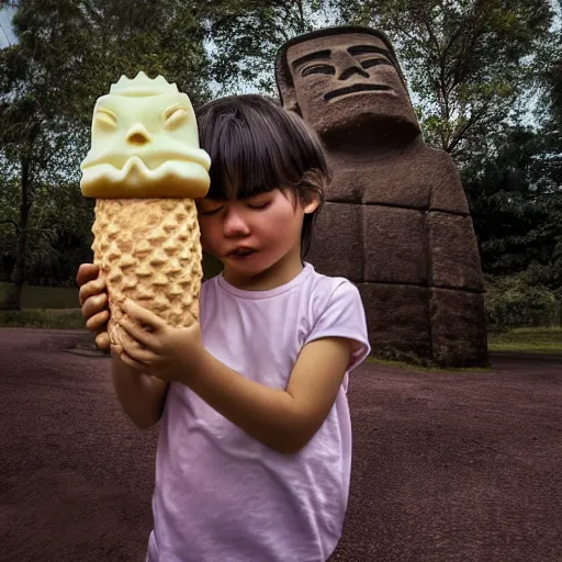 Image similar to a very disgusted and crying kid holding and looking an ice cream cone with a small moai statue in the cone, 4 k photograph