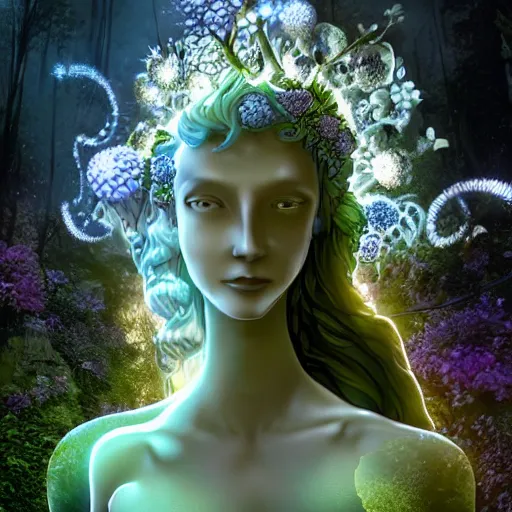 Image similar to glowing delicate flower and mushrooms that grow in a dark fatansy forest on the planet Pandora, an idealistic marble statue with fractal flowery hair in a fractal garden, symmetrical,