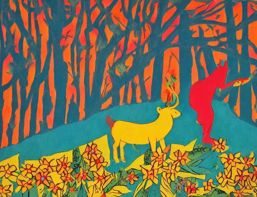 Prompt: animal god of ( ( ( flowers ) ) ) in the winter!!! woods. limited palette with complementary colors, children's cartoon from the 2 0 1 0 s, backlighting, bold composition, depth of field.