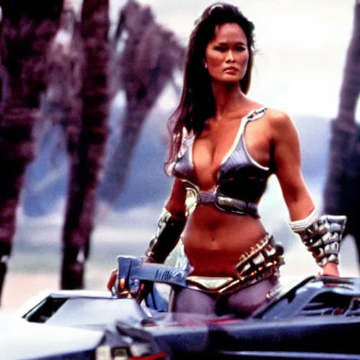 Image similar to movie still, 1 9 8 0 s, tia carrere as armored alien hunter, hyperdetailed, by ridley scott and john carpenter, blue leds