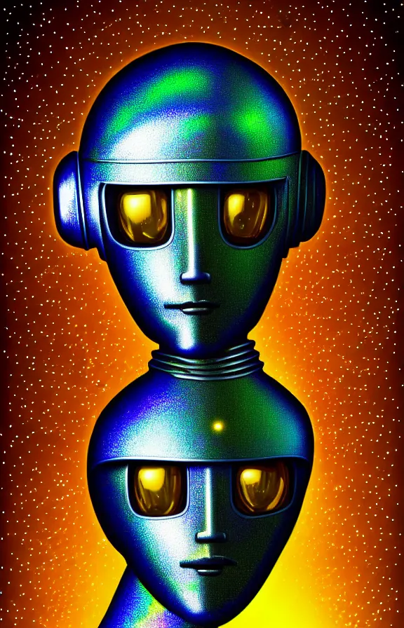 Image similar to portrait of a robot humanoid alien with golden armature and medieval helmet. Galactic iridescent background in the style of Tim white and moebius