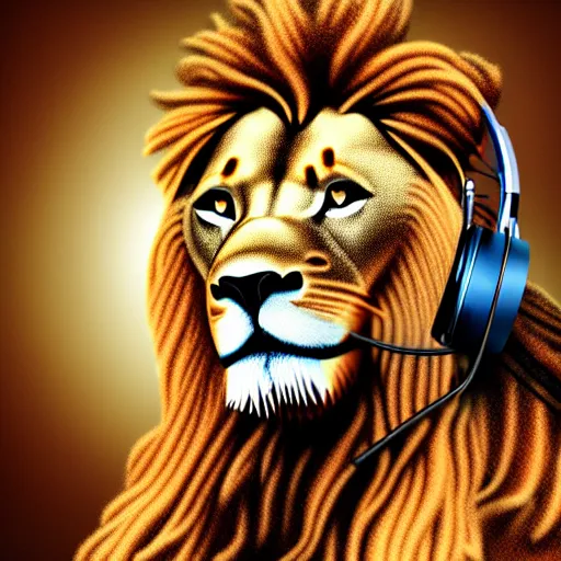 Image similar to steampunk rastafari lion wearing headphones and using a computer, photorealistic 4 k detailed digital art