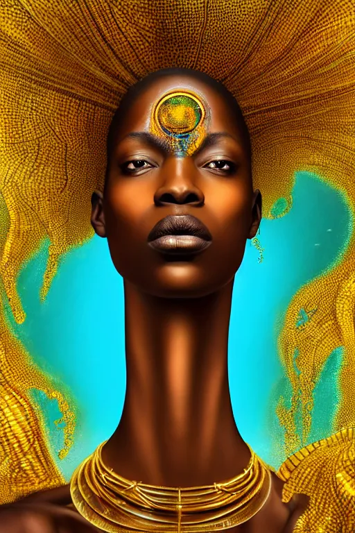 Image similar to hyperrealistic precisionist cinematic very expressive! translucent!! african goddess, full body, underwater scene with fish and algae, gold jewerly, highly detailed face, digital art masterpiece, eric zener cam de leon, dramatic pearlescent turquoise light on one side, long shot, low angle uhd 8 k, shallow depth of field