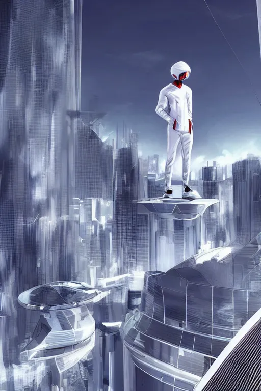 Image similar to man in white tracksuit overlooking a futuristic city, style of Mirror\'s Edge, dreamy, beautiful clouds, beautiful artwork by Makato Shinkai, futuristic