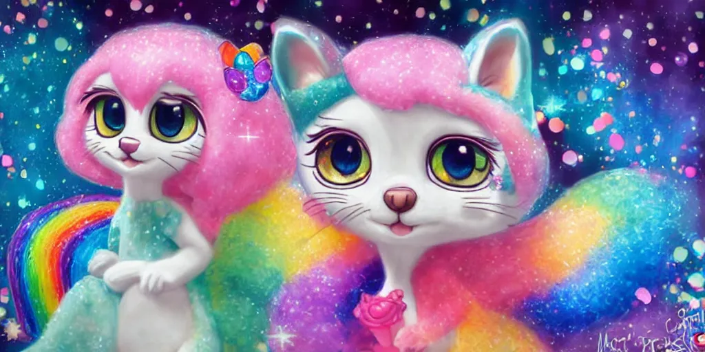 Image similar to 3 d littlest pet shop cat, lacey accessories, glittery wedding, ice cream, gothic, raven, rainbow, smiling, forest, moon, stars, master painter and art style of noel coypel, art of emile eisman - semenowsky, art of edouard bisson