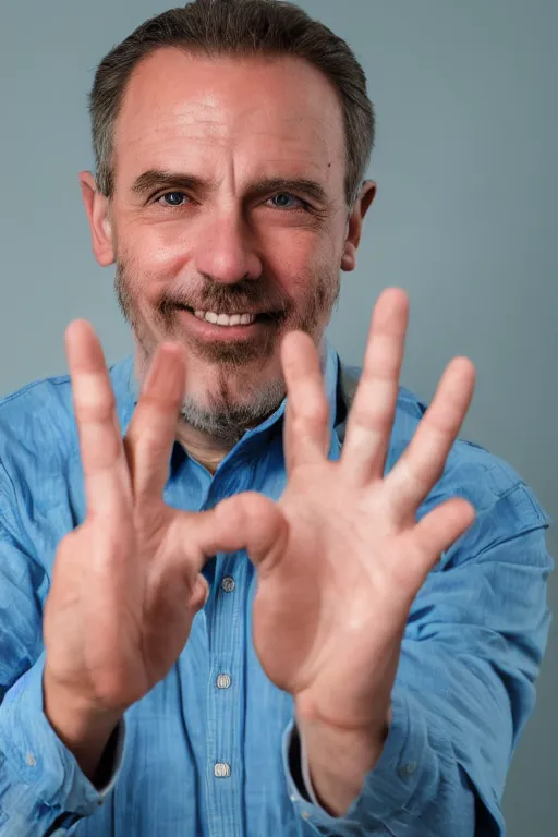 Prompt: a hd photo portrait of a man holding up four fingers , 8k