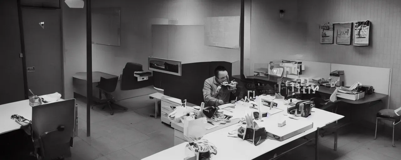 Image similar to security camera footage of a worker eating spaghetti alone at their cubicle, evening, kodachrome, in the style of wes anderson, retro