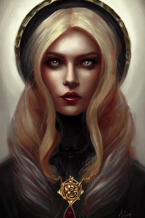 Prompt: female occultist, sweeping wild blonde hair, red eyes, portrait, high cheekbones, smug, evil, Victorian, black velvet dress, dark colors, ruby jewelry, fantasy painting, trending in Artstation, GSociety, by Charlie Bowater, Brom, Bastien Lecouffe-Deharme