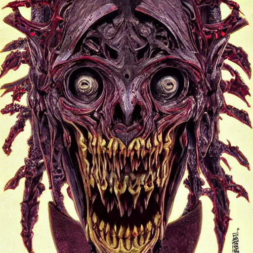 Prompt: Scorn themed painting of undead lich symmetrical maniacal evil grin face mask pattern concept, infinity glyph, intricate artwork by, Johnatan Wayshak, Zdizslaw Beksinski, Ayami Kojima, Amano, Karol Bak, Greg Hildebrandt, and Mark Brooks, Neo-Gothic, gothic, rich deep colors, art by Takato Yamamoto, masterpiece, face by Artgerm, H.R. Giger, very coherent artwork, cinematic, hyper realism, high detail, octane render, unreal engine, 8k, High contrast, golden ratio, trending on cgsociety, ultra high quality model, production quality cinema model
