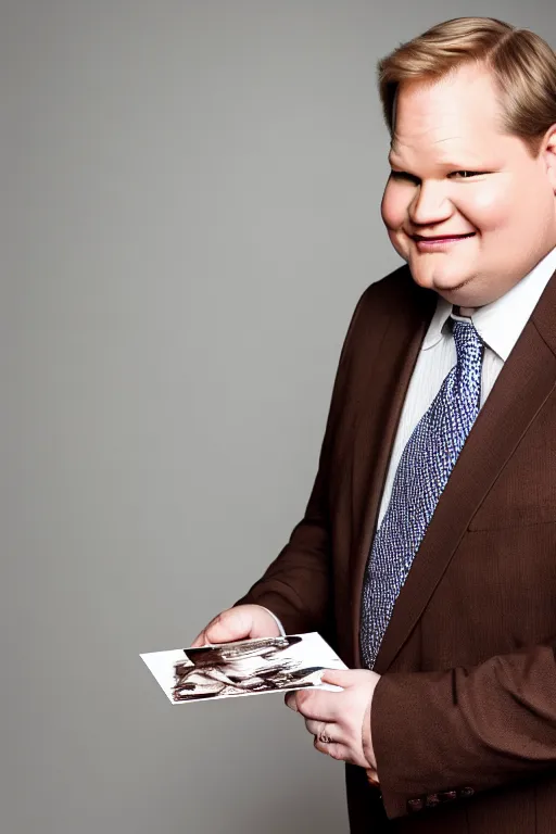 Image similar to andy richter in a brown suit and necktie, ultra hd photo, 3 5 mm close up, fish eye, realistic, smiling, holding a postcard from chicago