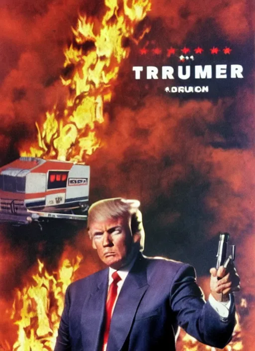 Image similar to an 8 0's john alvin action movie poster of donald trump starring in dumpster fire. explosions.