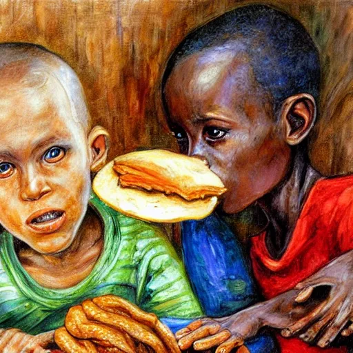 Image similar to oil painting of a malnourished ugandan boy sharing bread with a blond well fed child american, by josephine wall