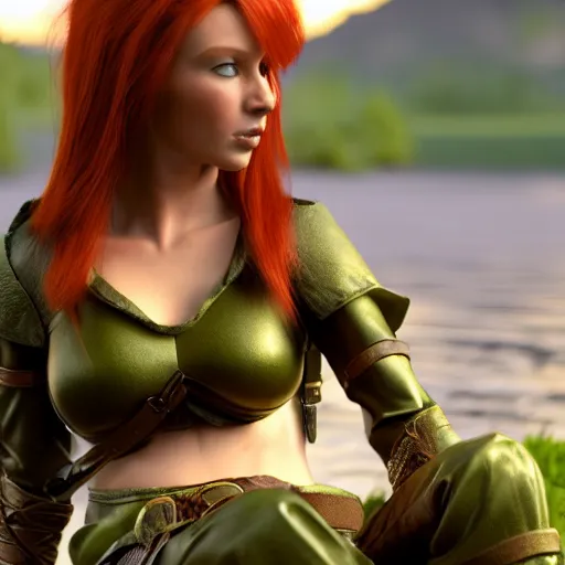 Image similar to beautiful female redhead elf warrior wearing olive green leather and a bow and quiver on her back, sitting next to a beautiful lake at sunset, enjoying the wind, looking at the water. 8 k ultra realistic, award winning, unreal engine 5, masterpiece, atmosphere glow, hyperrealistic, focused, extreme details, cinematic