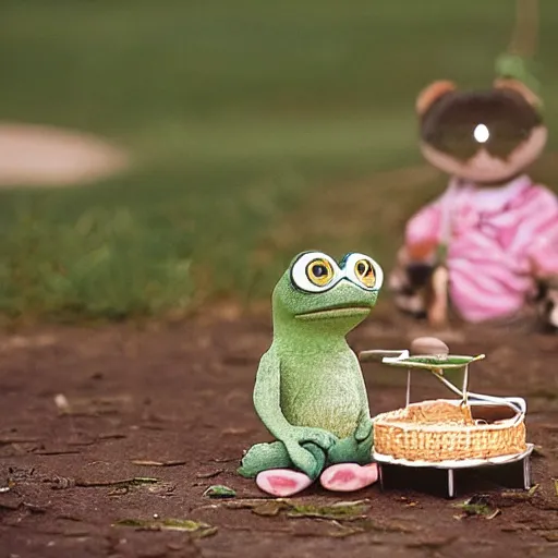 Image similar to Pepe the Frog. Pepe the Frog sitting on a picnic in the park. 35mm, focused, soft lights, International Photography Awards, photo by Steve Hanks, Pepe-art