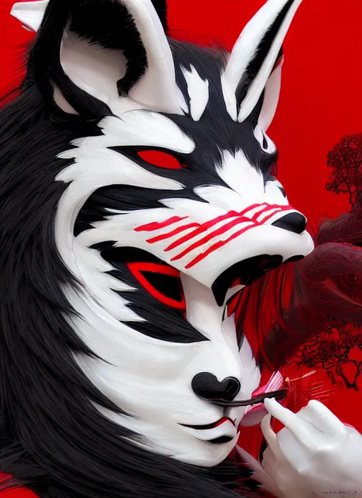 Image similar to maiko wearing a kitsune mask, fluent composition, red white and black, concept art, ambient light, 4 k, intricate details, highly professionally detailed, cgsociety, highly detailed -