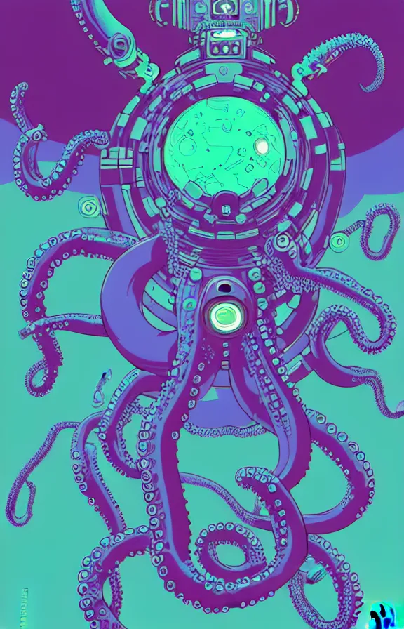 Image similar to robotic cyberpunk octopus by miyazaki, blue green purple color palette, symmetrical poster illustration, kenneth blom, mental alchemy, james jean, pablo amaringo, naudline pierre, contemporary art, hyper detailed