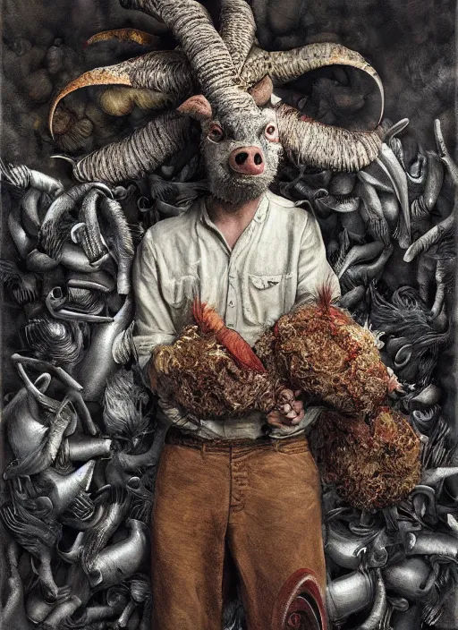 Image similar to a hyper detailed painting of an anthropomorphic joaquin phoenix as the king of animals, cow horns, pig nose, sheep wool, chicken feathers, horror, by anna podedworna, by miklos ligeti, by diego maricato, by taran fiddler, by antonino truisi, by chris reddie, on artstation