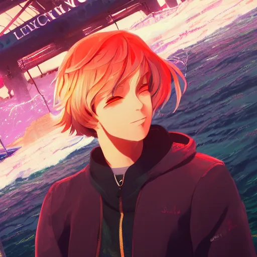 Image similar to ⁠portrait of Félix Lengyel(xqc), Santa Monica Pier background, rich vivid colors, ambient lighting, dynamic lighting, 4k, HQ, official media, anime key visual, makoto shinkai, ilya kuvshinov, lois van baarle, rossdraws, detailed, trending on artstation