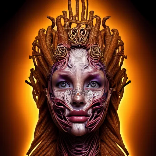Prompt: a high quality photo of a young beautiful female queen-roots-dragon-cyborg bust with a very long neck and Mandelbrot fractal face, Mandelbrot fractal skin, flesh, anatomical, facial muscles, veins, arteries, elegant, highly detailed, flesh highly baroque ornate, hair are wired cables, elegant, high fashion, rim light, octane render, in the style of Flora Borsi, Realistic, Refined, Digital Art, Highly Detailed, Cinematic Lighting, dramatic colors scheme, photo-realistic, 8K