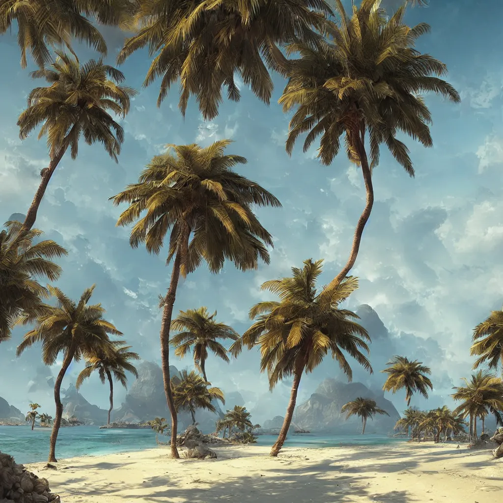 Prompt: Digital art of palm island, high quality artwork by Greg Rutkowski