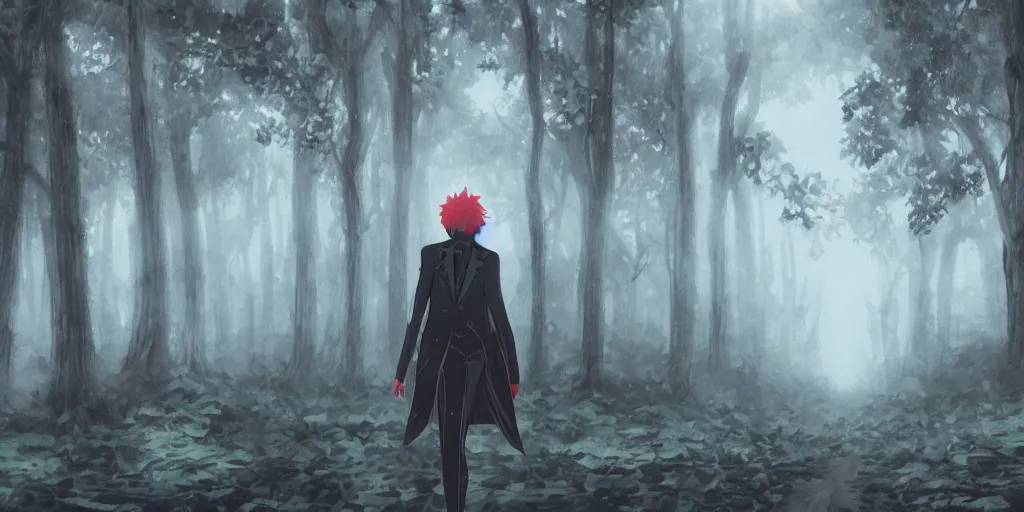 Image similar to Persona 5 Mothman in a forest filled with fog looking back at the viewer, hyper detailed