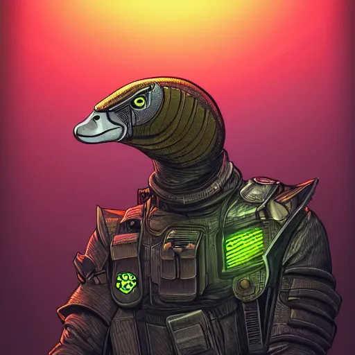 Prompt: a goose in a detective suit, snake, dystopia core, apocalyptic, armor, warrior, dramatic, sharp focus, fiction, neon, fantasy, hyper detailed, digital art, trending in artstation, cinematic lighting