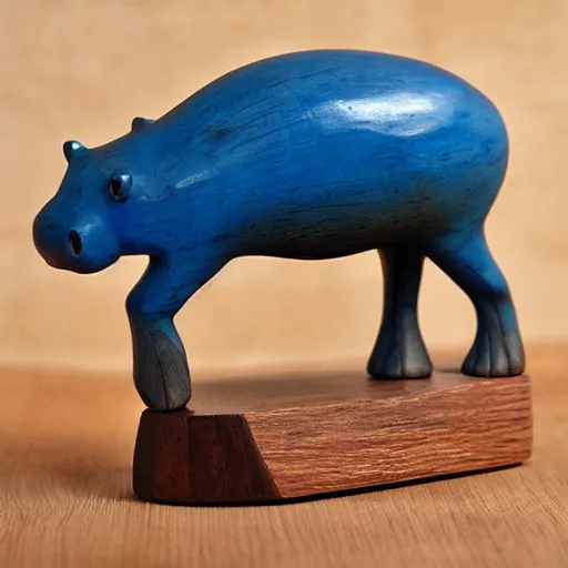 Image similar to a small simple hippo statue carved natural wood, dipped in polished blue ceramic, half and half, mixed media, side view