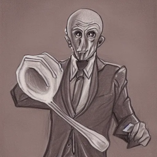 Prompt: drawing a stern and pale man in a beige peak lapel suit holding up a spoon in his hand in a menacing and threatening way, chiaroscuro, medium full shot, character design concept art